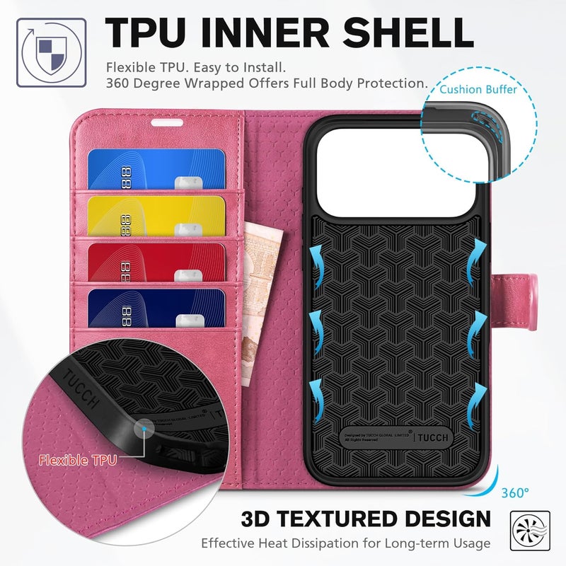 TUCCH Wallet Case for iPhone 17 Pro Max (6.9") 2025, 4 Card Slots | RFID Blocking | Stand | Shockproof TPU Shell | PU Leather | Magnetic Closure | Protective Flip Folio Cover | Hot Pink - Image 5